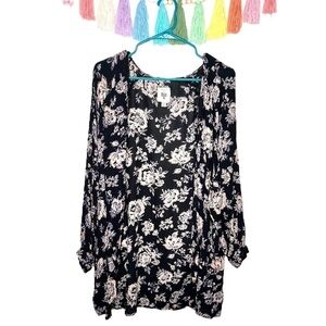 Billabong Surf Black Floral Long Sleeve Lightweight Cardigan Kimono Size Small